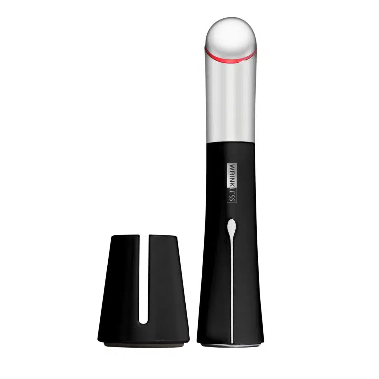 **Wrinkless Eye** is a gentle, sensor-driven device that stimulates and firms the delicate eye area, enhancing the absorption of skincare products. Its sleek shape allows use on small facial areas. Battery-operated and portable, it's perfect for on-the-go skincare.