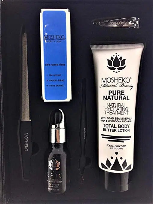 The Manicure Set includes essential tools for healthy nail growth at home: eucalyptus and tea tree oil-infused cuticle oil to combat fungi, a nourishing body butter with Dead Sea minerals and Argan oil for dry skin, a curved nail clipper, a smoothing nail file, and a dual-ended cuticle pusher/trimmer. This 6-piece set is a safe, natural, and hygienic alternative to traditional nail care.