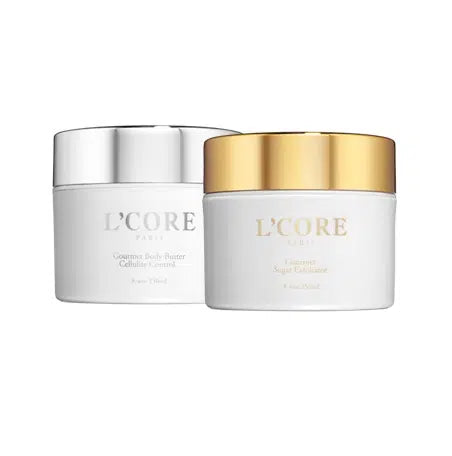 The Gourmet Body Butter deeply hydrates and nourishes with shea butter, reducing cellulite and stretch marks while protecting skin with antioxidants. It leaves skin silky, vibrant, and non-oily. The Gourmet Sugar Exfoliator uses pure sugar to exfoliate, tighten, and protect, leaving skin smooth and radiant. Use body butter as needed and exfoliator on wet skin, massaging gently before rinsing.