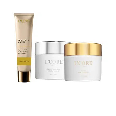 The Body Care Special by L’Core Paris combines three essentials: Multi Use Cream with Dead Sea Minerals for hydration and protection, Gourmet Body Butter with shea butter to moisturize and reduce imperfections, and Gourmet Sugar Scrub to exfoliate and polish skin. Use scrub weekly; cream or butter daily.