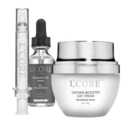 Elevate your skincare with our **3 pc Spa Collection**—including the Hyaluronic Acid Serum, Instant Eye Lift, and Oxygen Booster Day Cream. This trio nourishes, firms, and revitalizes skin, leaving it hydrated, youthful, and glowing. Suitable for all skin types, it's your ultimate daily skincare routine for flawless results.