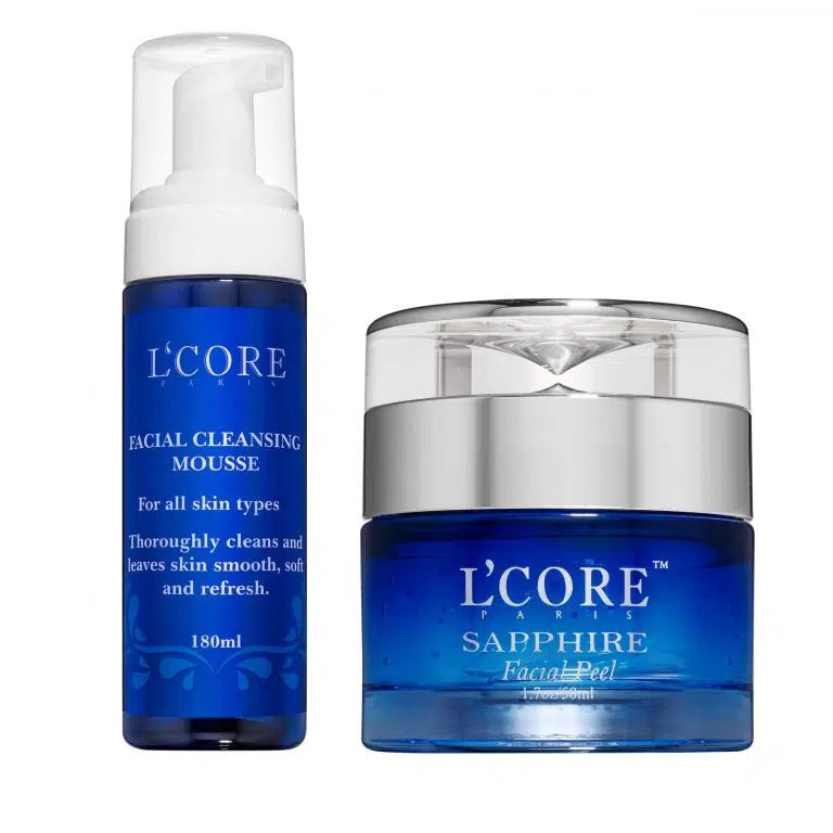 The **Sapphire Bundle** includes the Sapphire Facial Peel and Facial Cleansing Mousse. The mousse gently cleanses daily, removing dirt, oils, and impurities without irritation. Use the peel twice weekly to effortlessly remove blackheads and dead skin, leaving your complexion balanced, glowing, and flawless.