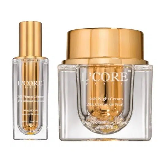 Indulge in the L'CORE PARIS 24K Gold Eye Special, featuring the 24K Gold Eye Serum and Cream. This luxurious duo combines 24K Gold, hyaluronic acid, and antioxidants to hydrate, reduce wrinkles, and diminish dark circles. Daily use reveals radiant, youthful eyes. Apply serum, then cream, AM and PM.
