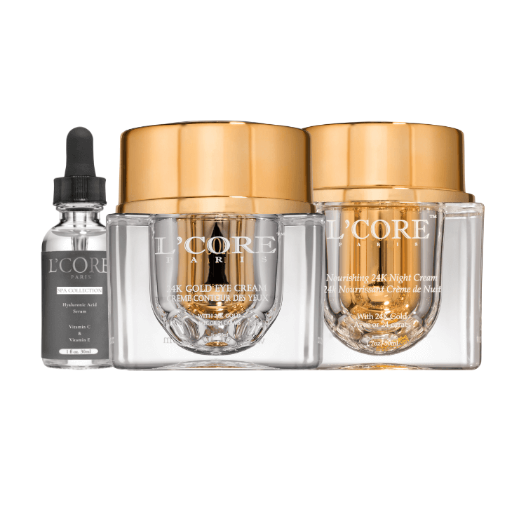 Experience luxury with the 24K Gold Renewal Set, featuring:  24K Gold Night Cream: Hydrates and restores skin overnight. Hyaluronic Acid Serum: Deeply hydrates and fills fine lines. 24K Gold Eye Cream: Reduces puffiness and smooths eye area. Boost elasticity, hydration, and radiance with this opulent trio for a youthful glow.
